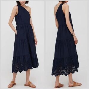 NWT GAP One Shoulder Tiered Midi Dress in Navy Size 6, Eyelet Lace Hem Nautical